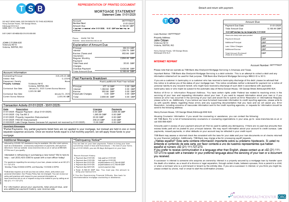 Download UK TSB Bank mortgage statement in Word and PDF formats, 3 pages 1 2 Photoshop template